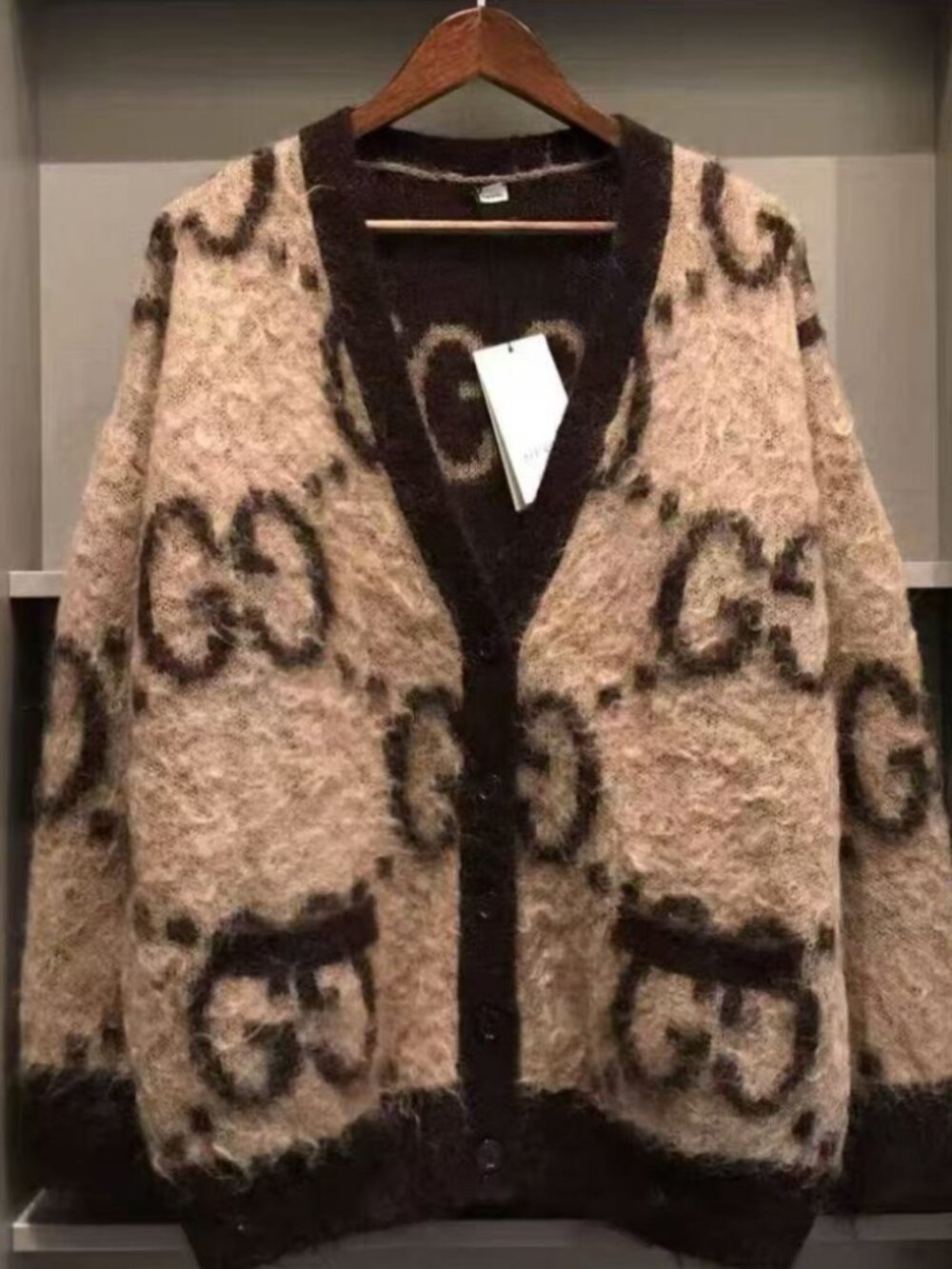 Gucci Brown GG Print Fluffy Mohair Cardigan